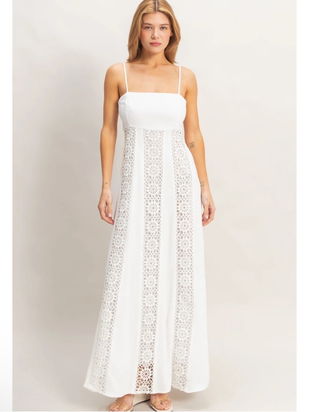 NEW HYFVE White Linen Blend Lace Panel Maxi Dress – Medium - Picture 2 of 6